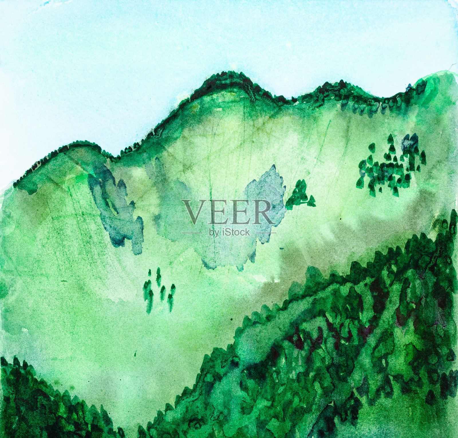 夏天绿树成荫的山插画图片素材