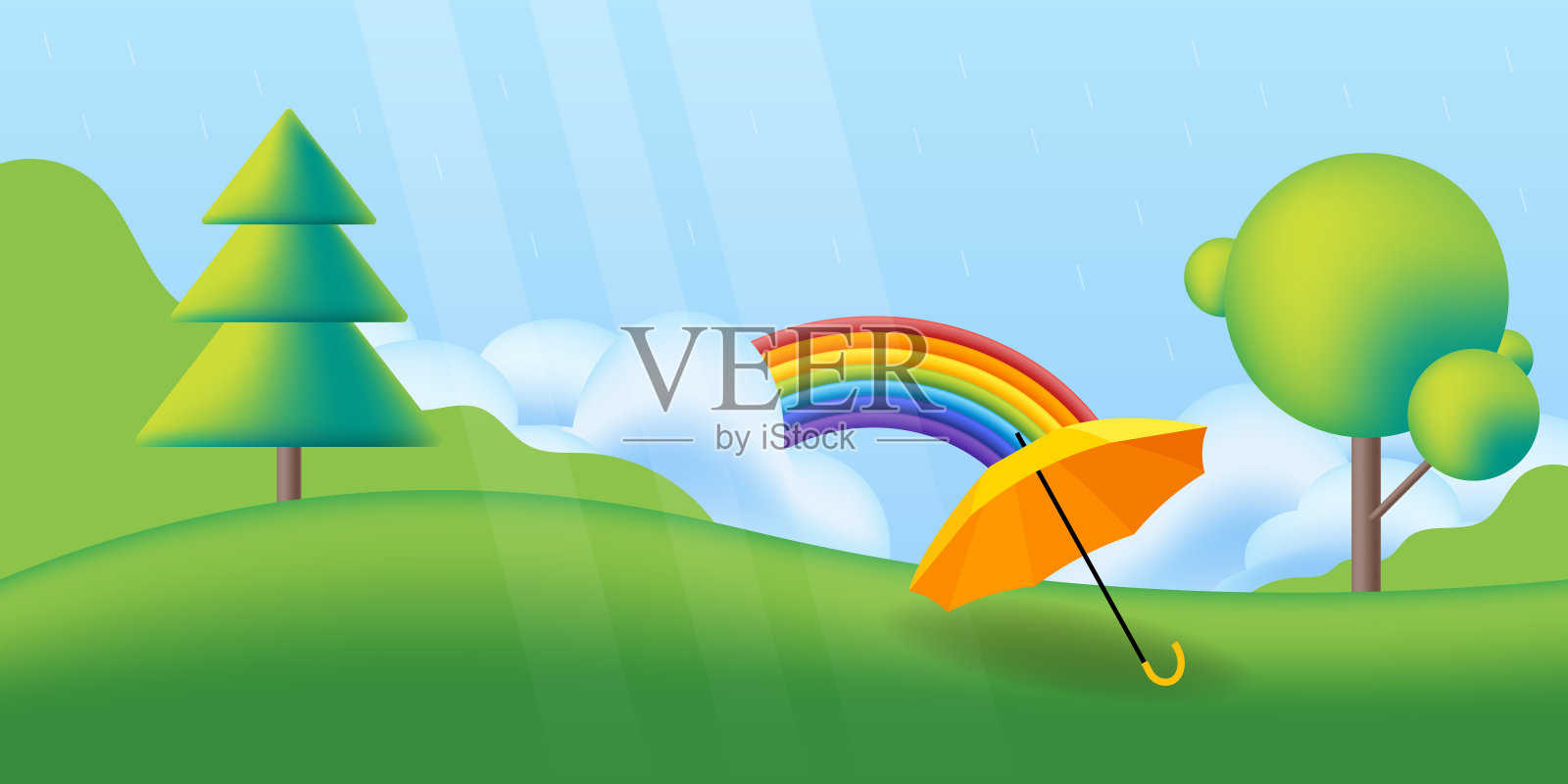 大自然，春意盎然，绿树成荫，彩虹橙伞。矢量平面插图。插画图片素材