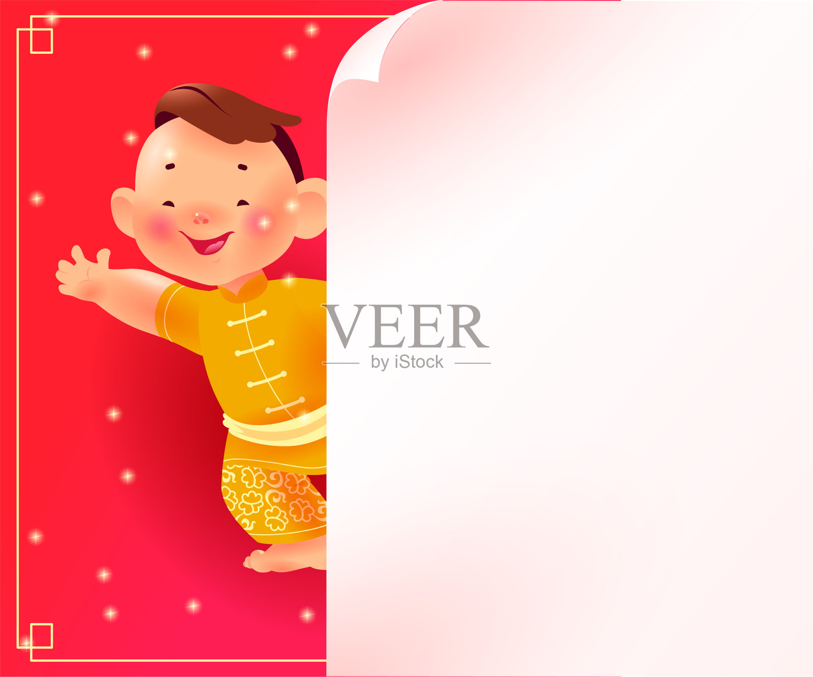 中国新年旗帜与快乐男孩吉祥物人物在东方传统汉服插画图片素材
