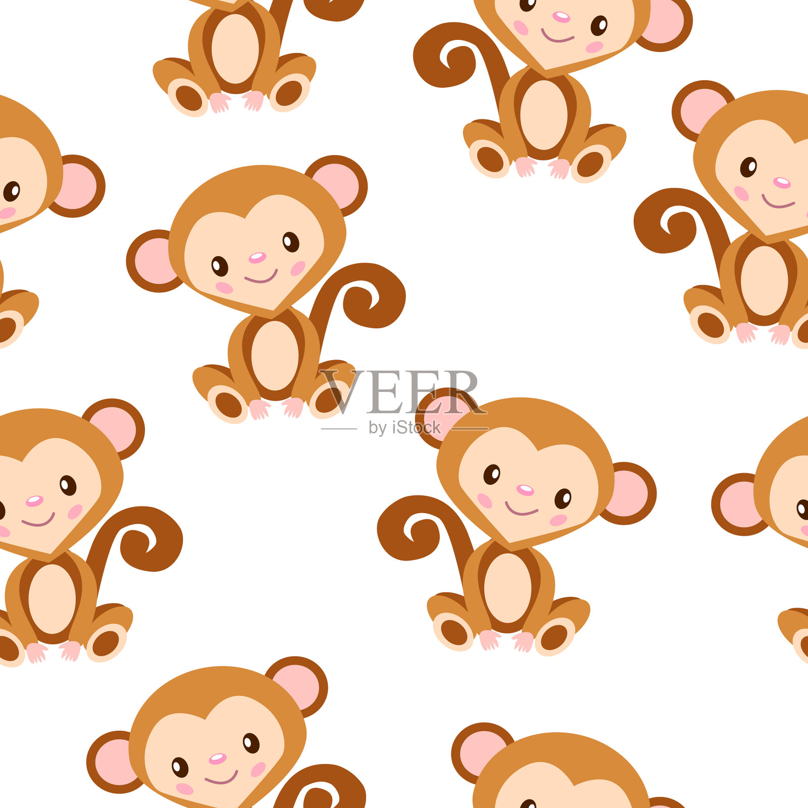 快乐的小猴子坐着。布朗和米色。无缝模式。平的卡通风格。有趣和可爱的角色。非洲的动物。自然与生态。用于明信片、墙纸、纺织品和包装纸设计元素图片