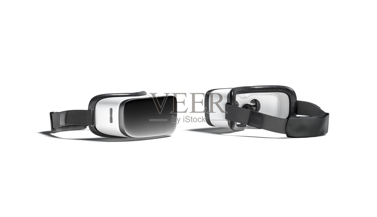 空白白色虚拟现实眼镜模型，正面和背面照片摄影图片