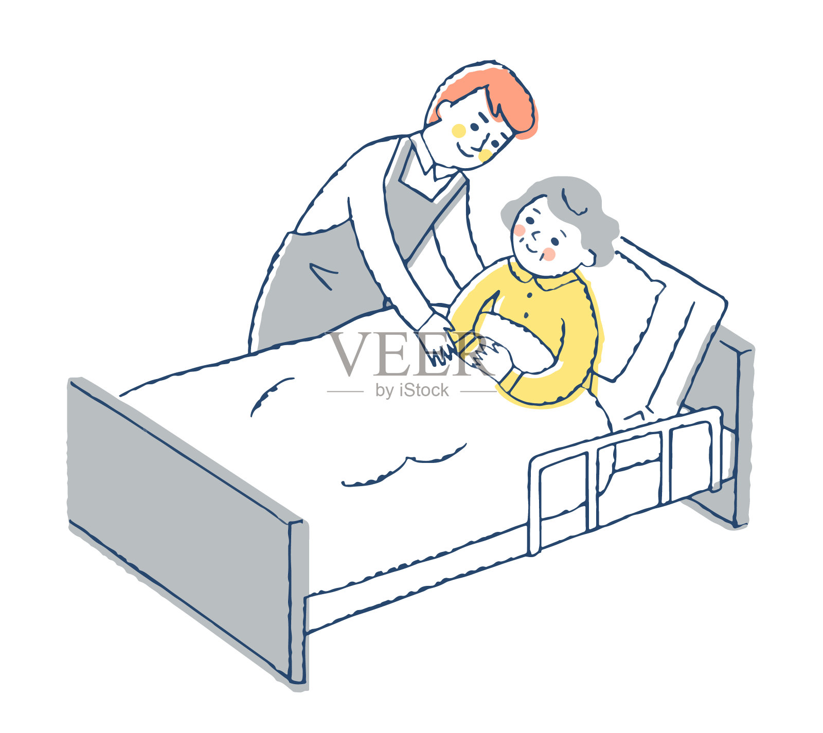 老女人在床上，男人在照顾插画图片素材