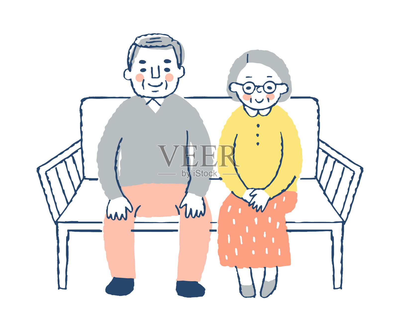 一对微笑的老夫妇坐在长椅上插画图片素材