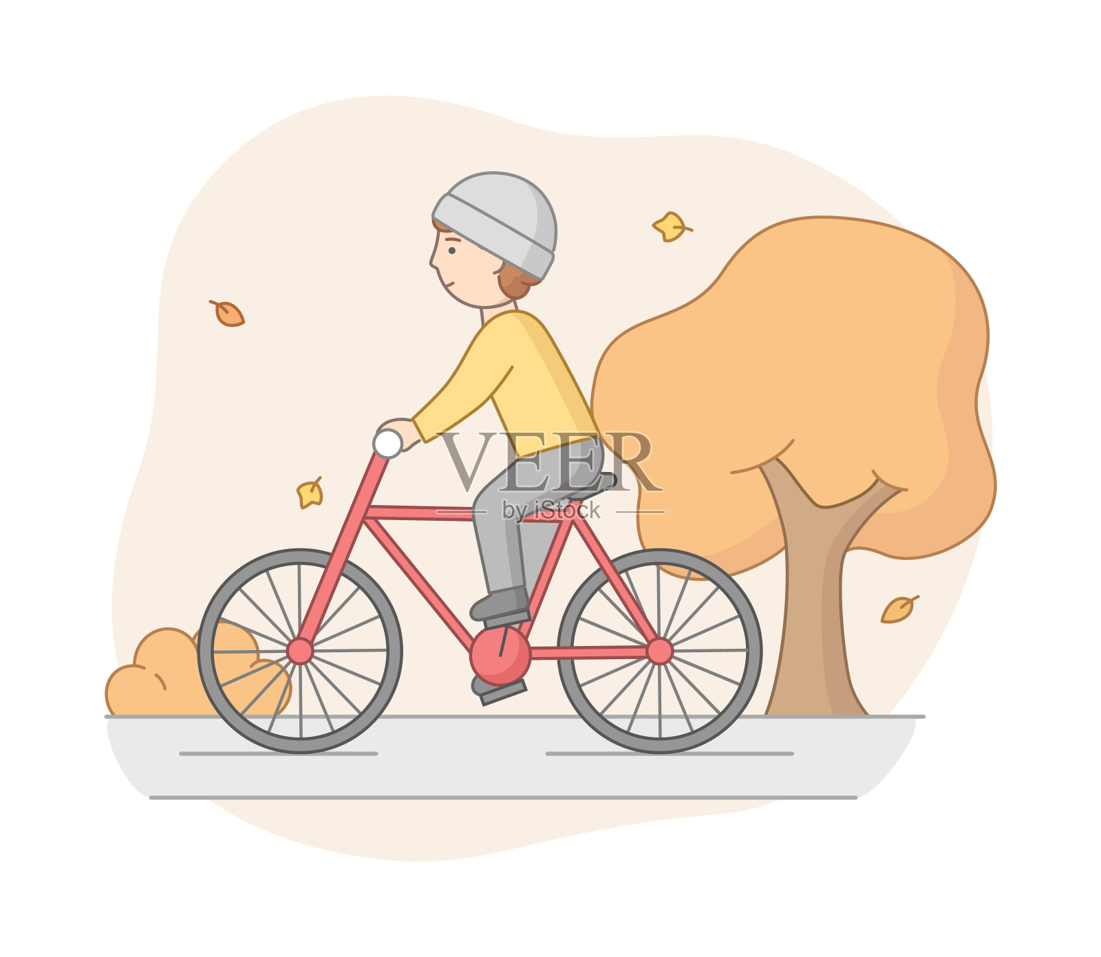 秋周末时光休闲概念。年轻女子在公园里骑自行车。积极的人做运动，玩得开心。周末活动时间。卡通线性轮廓扁平风格。矢量图插画图片素材