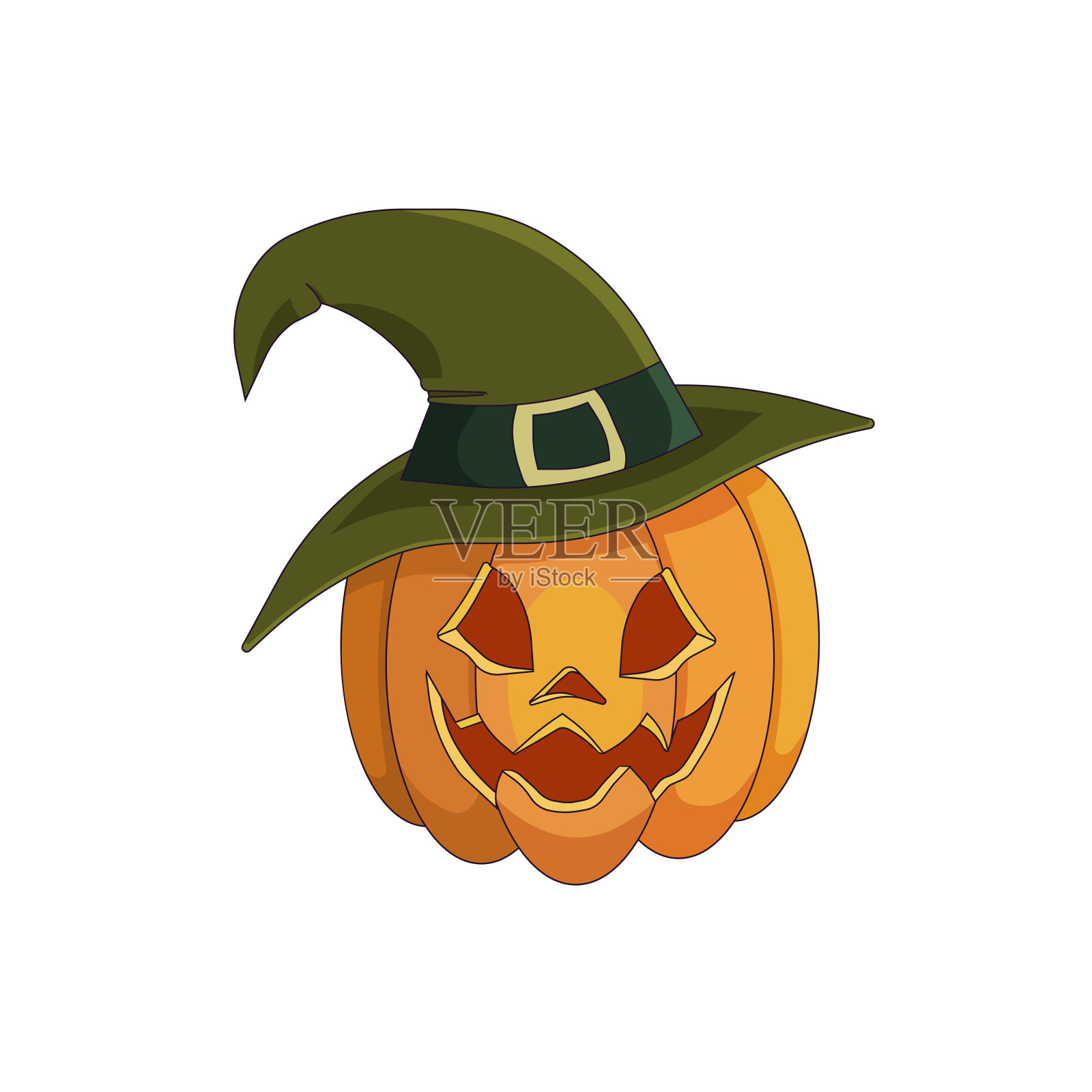 杰克O灯在白色孤立的背景上的绿色帽子，矢量股票插图卡通风格，万圣节的概念，符号，10月和秋天，节日和节日，不给糖就捣蛋。插画图片素材