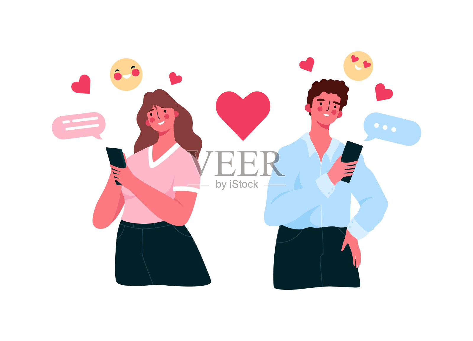 虚拟关系，在线约会，封锁期间的社交网络概念。男人和女人在网上聊天，见面在约会应用程序矢量平面插图。一对情侣用手机聊天。设计元素图片
