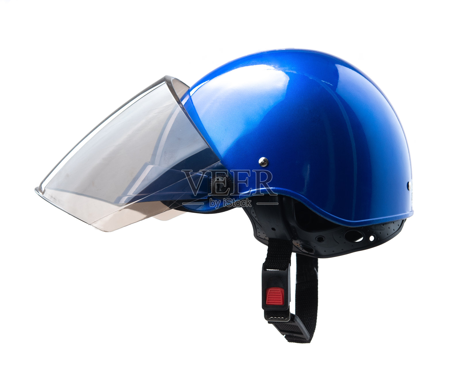 白色背景上的蓝色摩托车头盔照片摄影图片