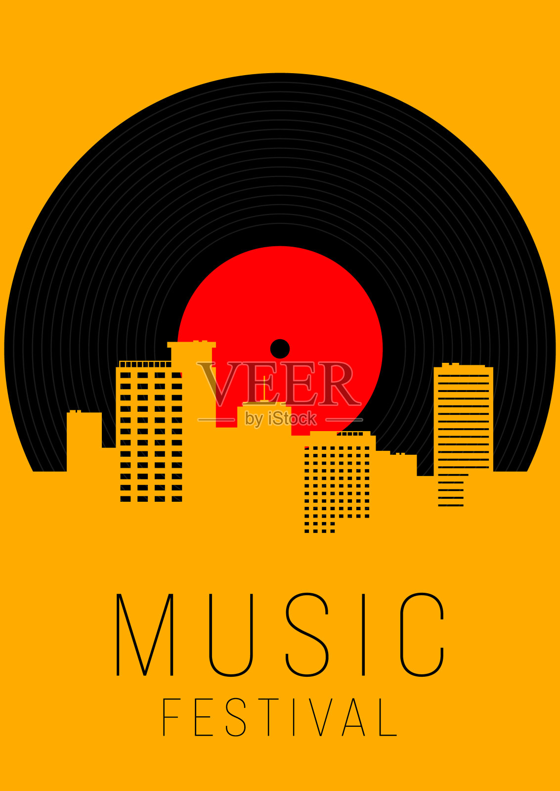 音乐海报设计模板背景与黑胶唱片和城市城市景观设计模板素材