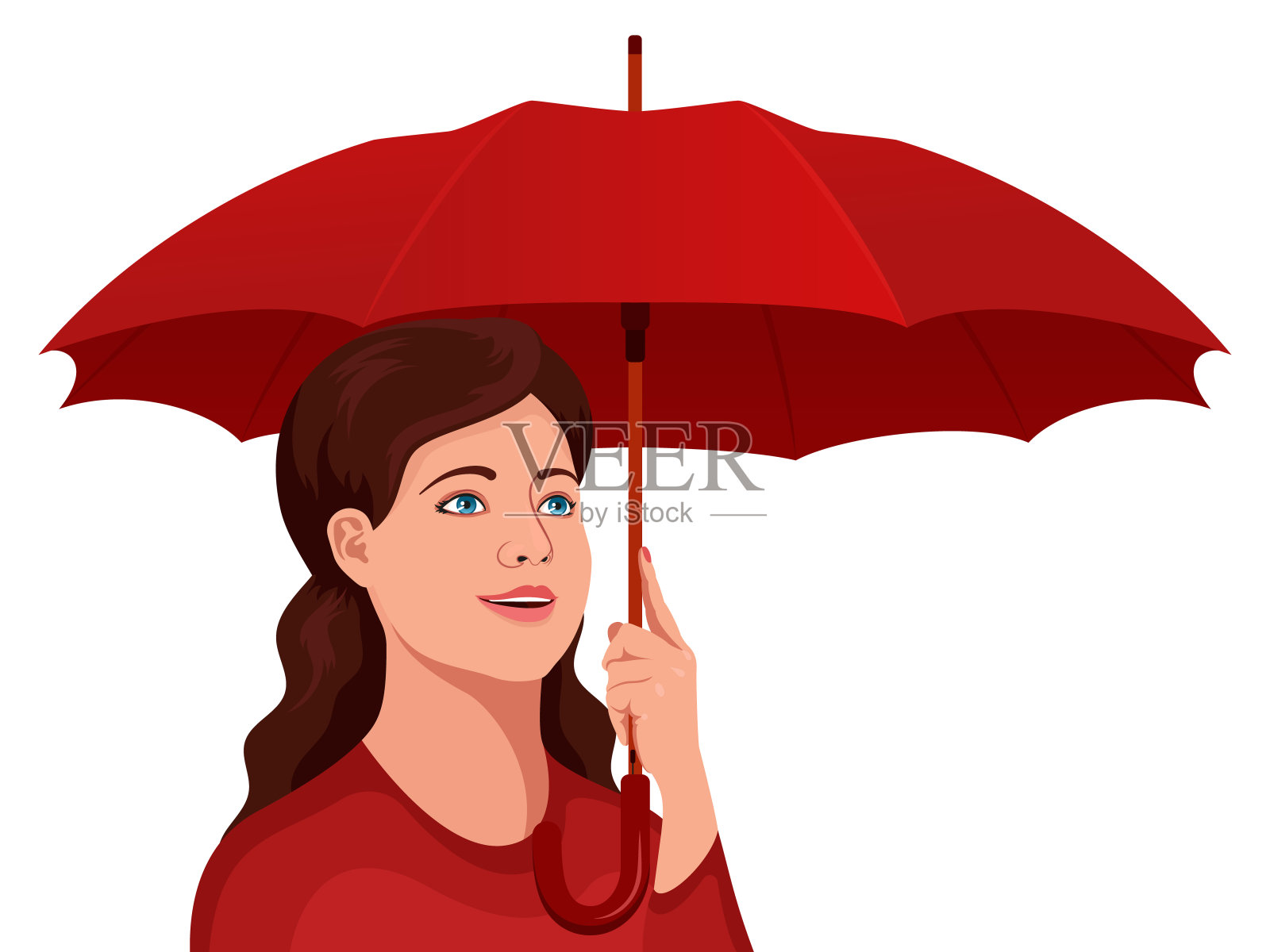 漂亮的复古风格的女孩，长卷发，红色衬衫，红色雨伞。插画图片素材