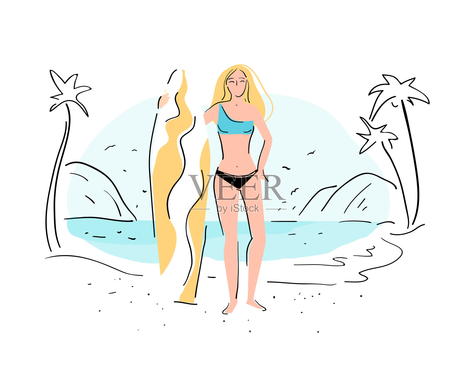 矢量夏日和沙滩概念。带冲浪板的女孩。平面手绘构图与报价，海滩，日落和女人。插画图片素材