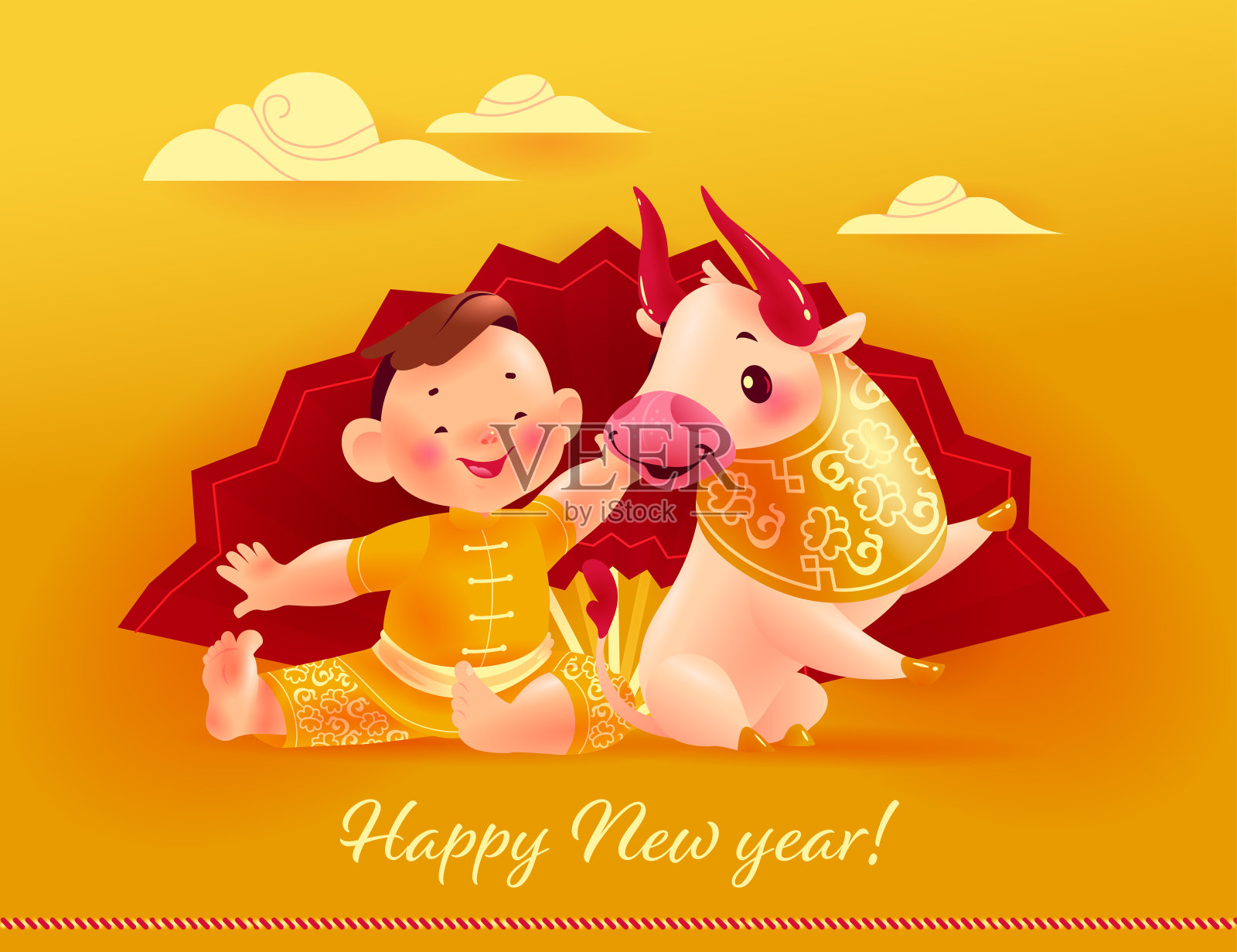 春节贺年卡、请柬、日历设计，以东方动物公牛吉祥物和男孩角色汉服坐在大手扇黄色云雾背景。设计模板素材
