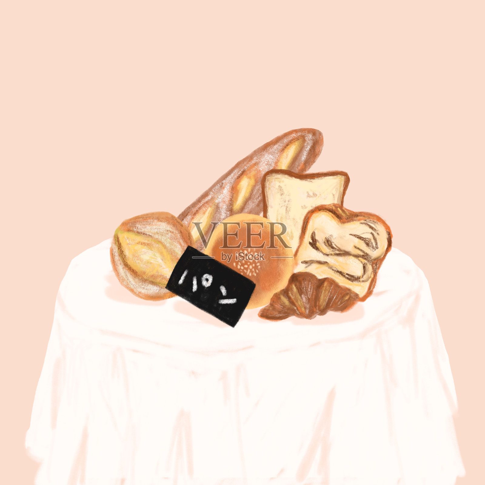 面包店设置手绘插图。面包,面包,羊角面包。前视图详细说明插画图片素材