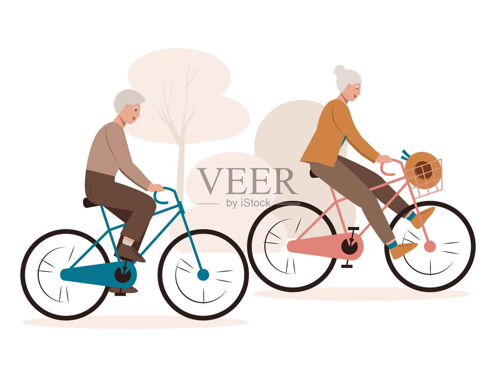 老夫妇在骑自行车。微笑的爷爷奶奶在公园里骑自行车。散步，运动，旅行设计元素图片