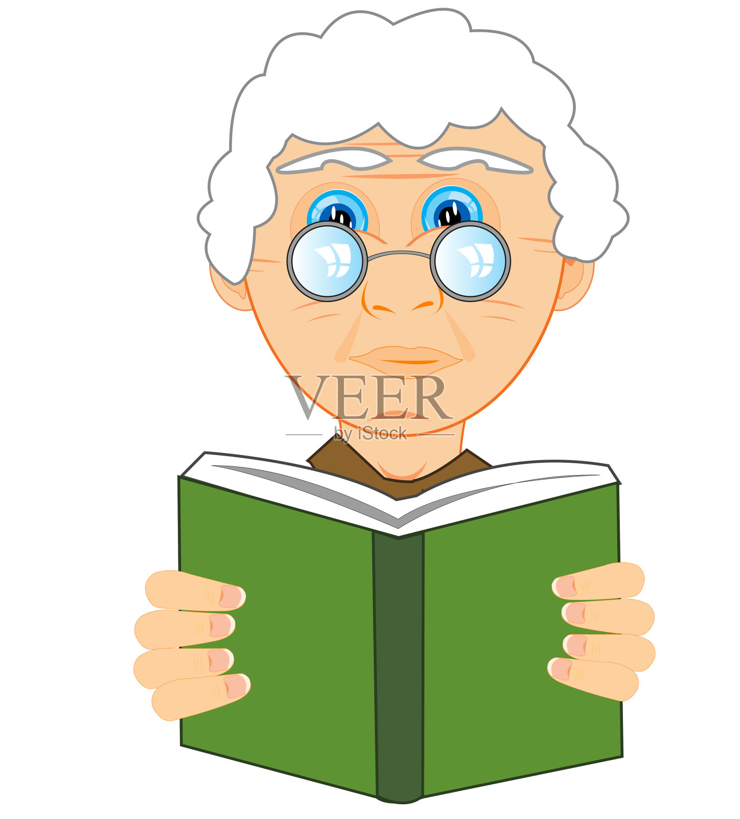 祖母戴着眼镜在白色的背景上看书设计元素图片