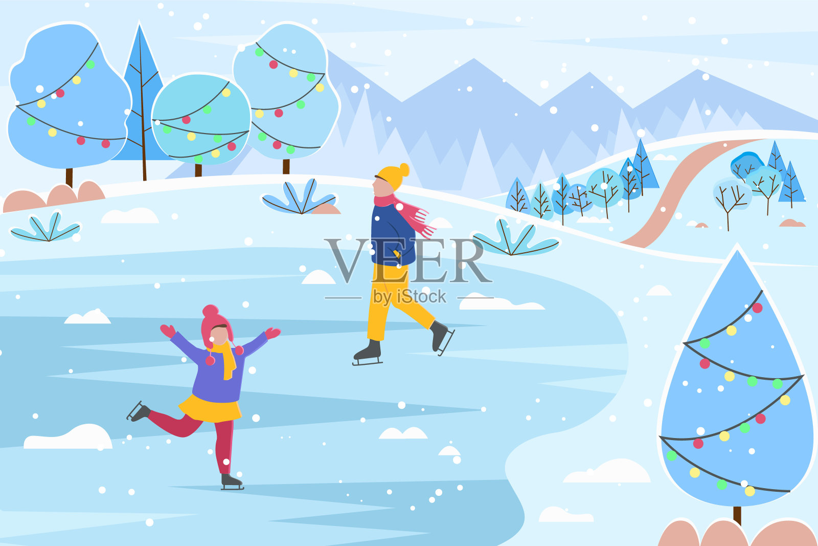 孩子们在溜冰场滑冰男孩和女孩冬天插画图片素材