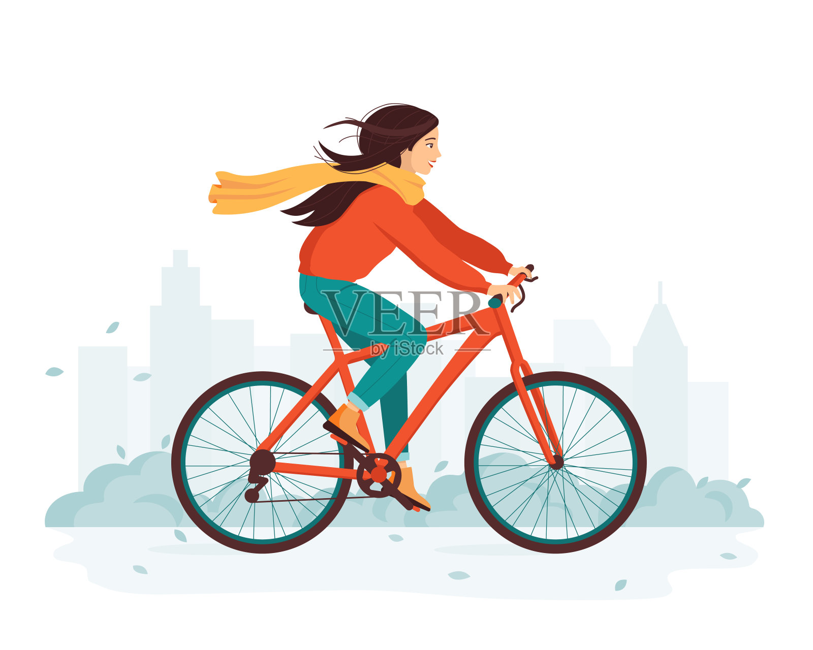 年轻快乐的女人在秋天的城市里骑自行车。秋季户外活动和健康生活方式的概念。环保的交通工具,汽车。可爱的卡通矢量插图设计元素图片