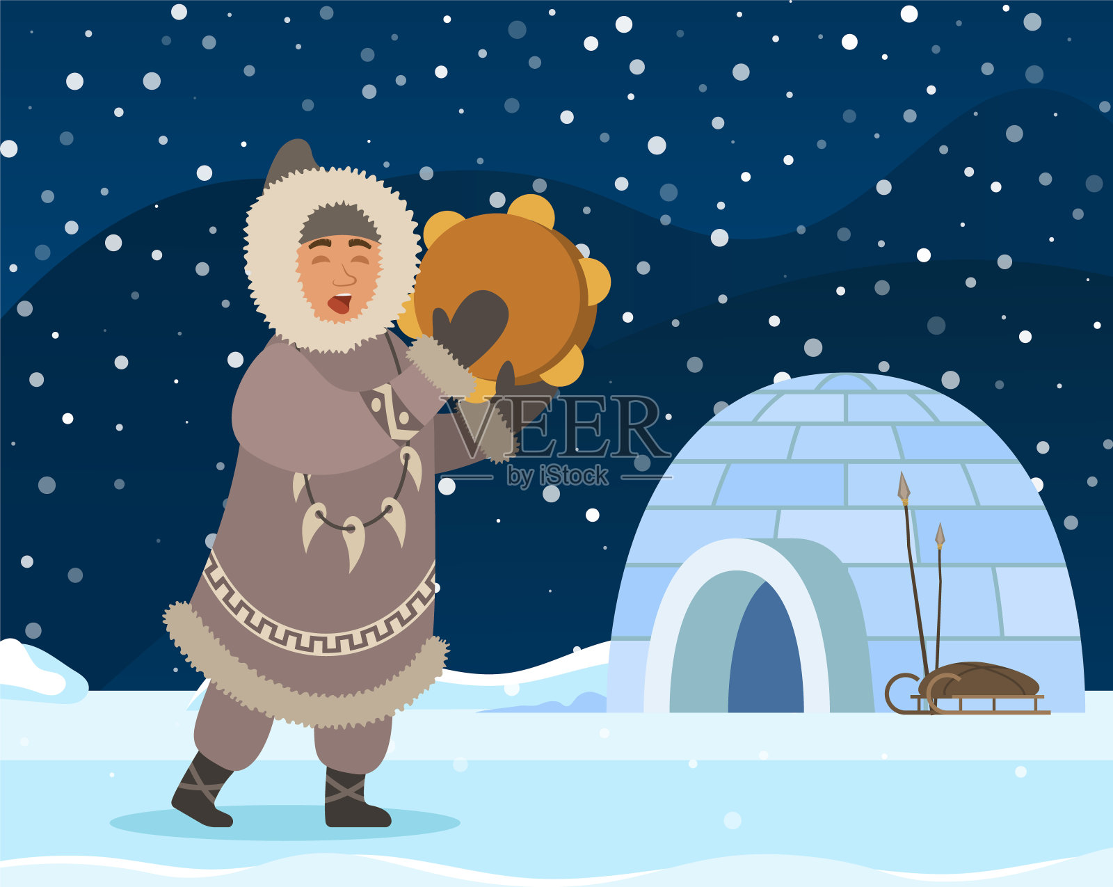 爱斯基摩人，冰屋附近的北极人插画图片素材