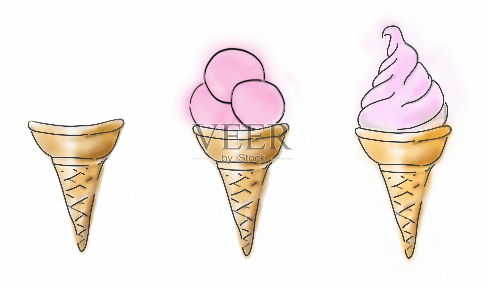 什锦华夫蛋筒配粉色草莓或覆盆子冰淇淋。素描风格的插图。设计元素图片