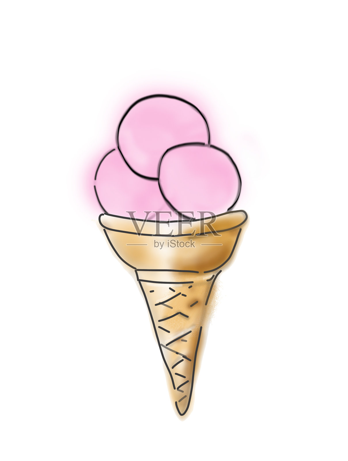 华夫蛋筒配粉色草莓或覆盆子冰淇淋。素描风格的插图。设计元素图片