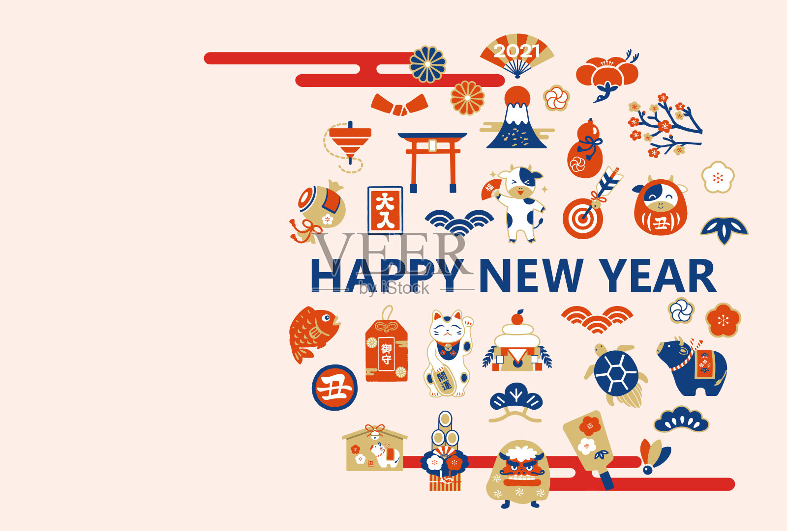 新年贺卡明信片日本风格的2021年插画图片素材