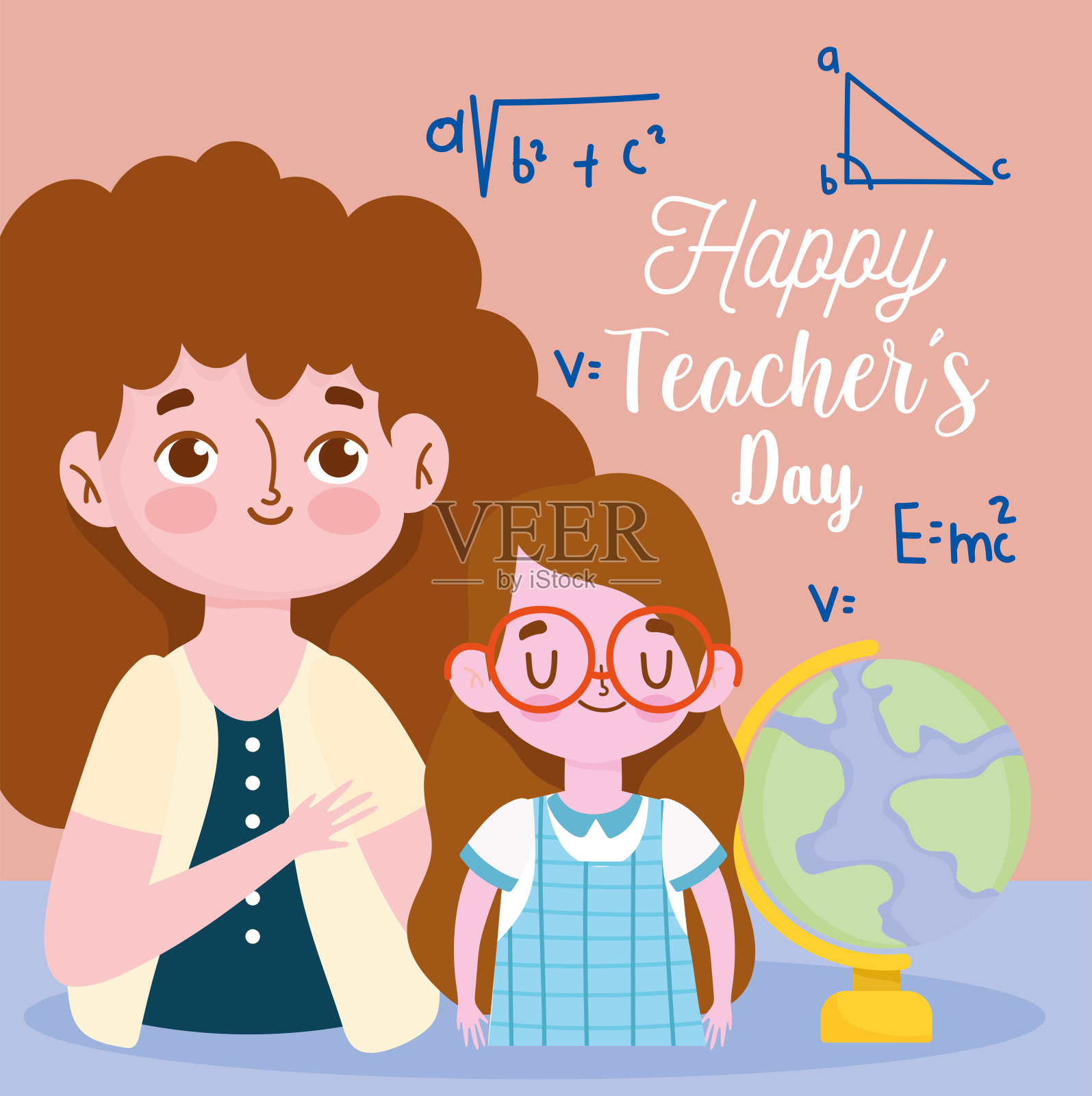 教师节快乐，黑发老师和女学生与学校地球仪插画图片素材