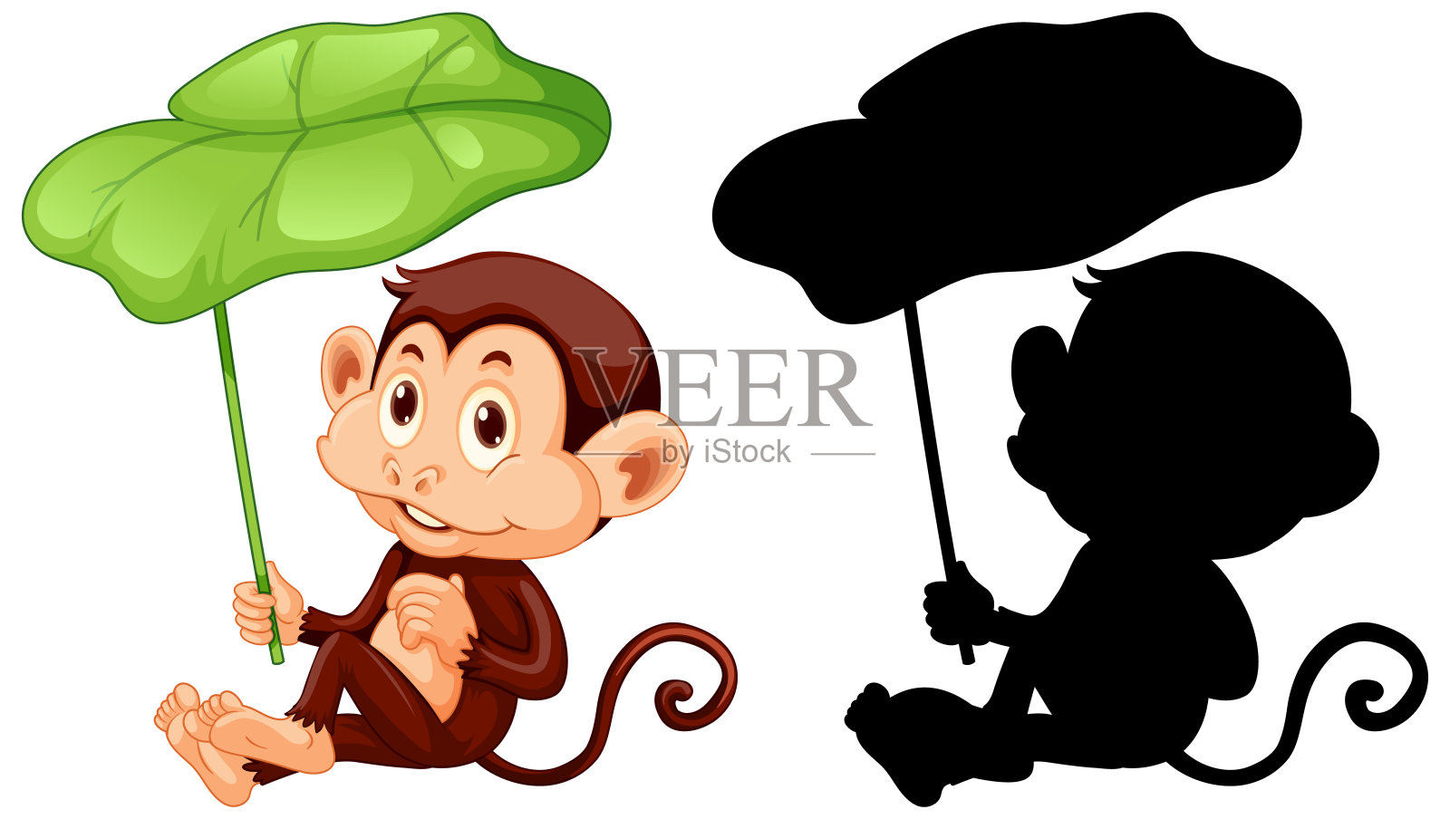 一组拿着树叶的猴子及其剪影设计元素图片