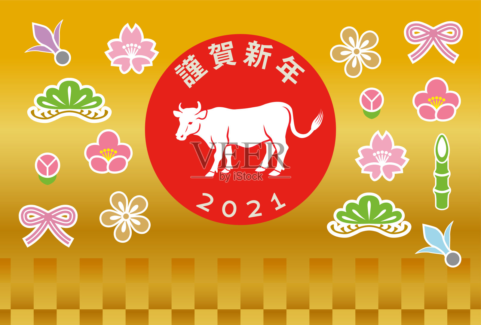 2021年牛年贺年卡设计，日本传统图标在金色层次的背景插画图片素材