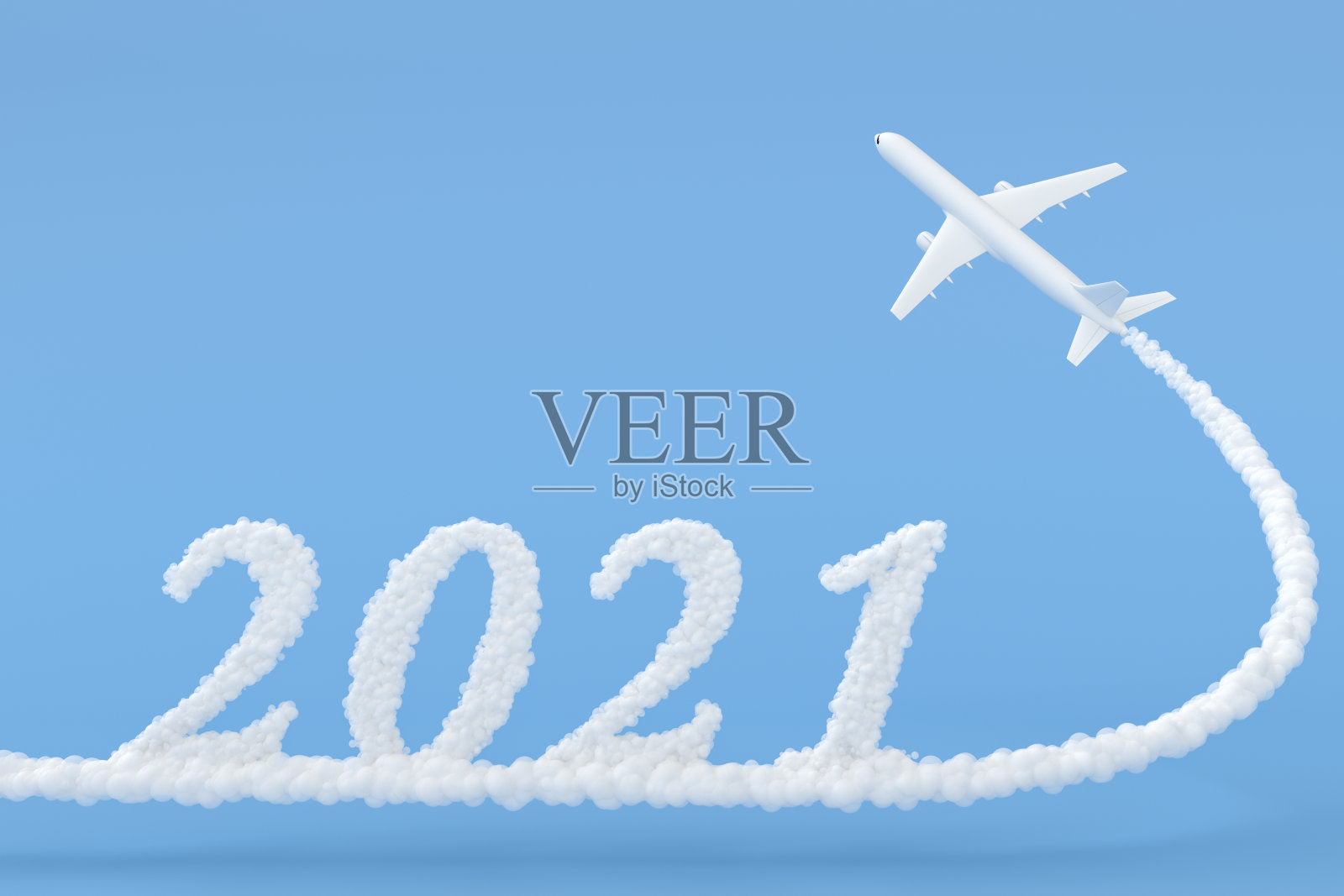 在蓝色背景上用飞机绘制的2021年新年照片摄影图片