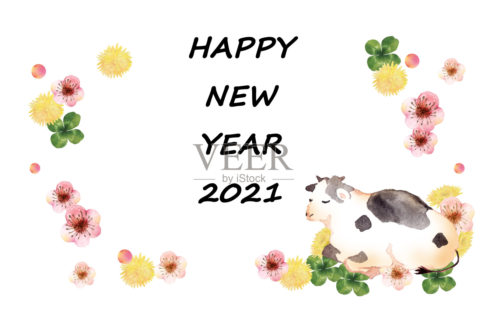 New year card of a cow with flowers插画图片素材