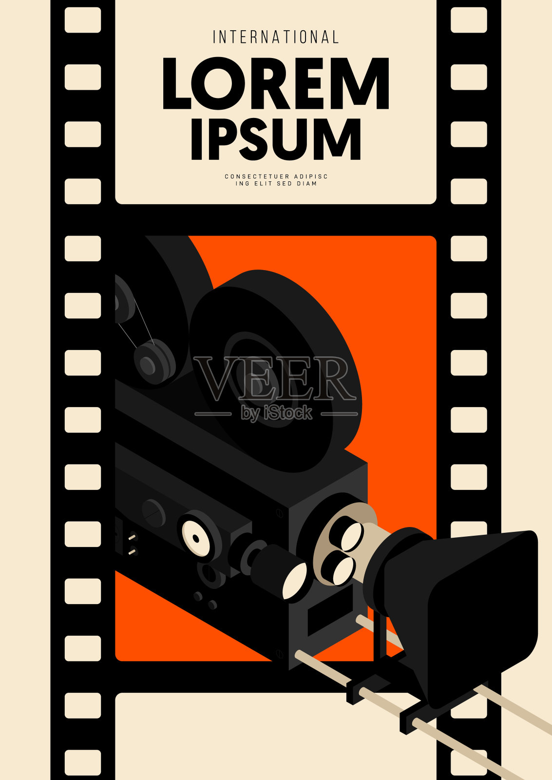 电影和电影海报设计模板背景与等距复古电影相机设计模板素材