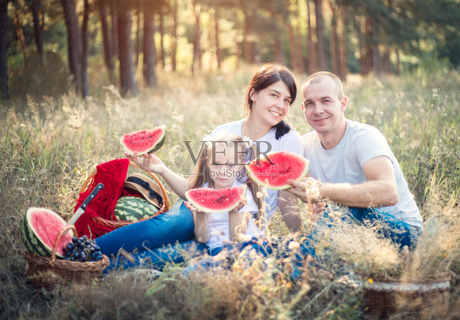 一家人在夏天野餐。西瓜和水果，有趣的假期。照片摄影图片