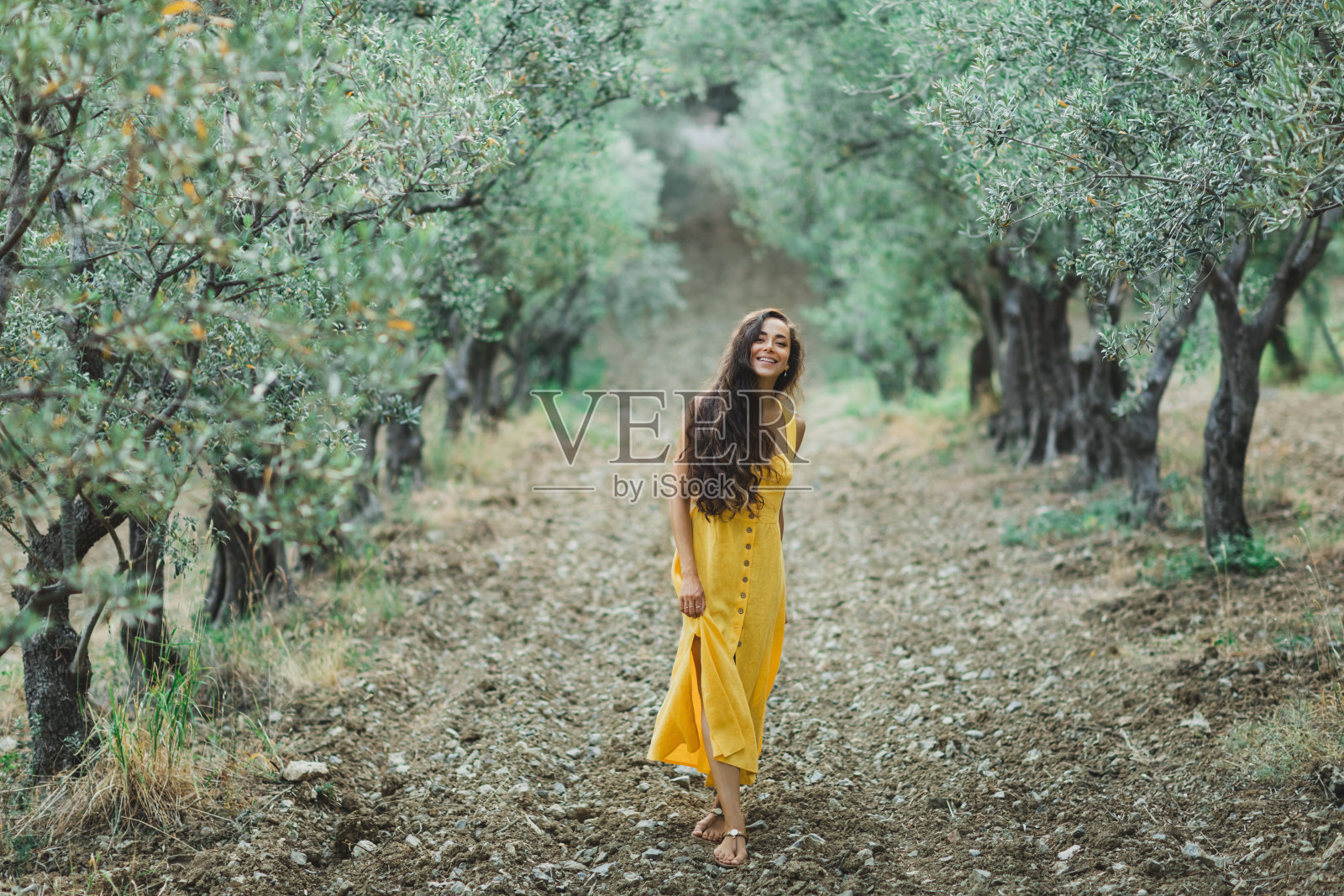 年轻快乐微笑的女人走在橄榄树花园。黄色亚麻布夏装。流行的颜色和纺织风格。照片摄影图片