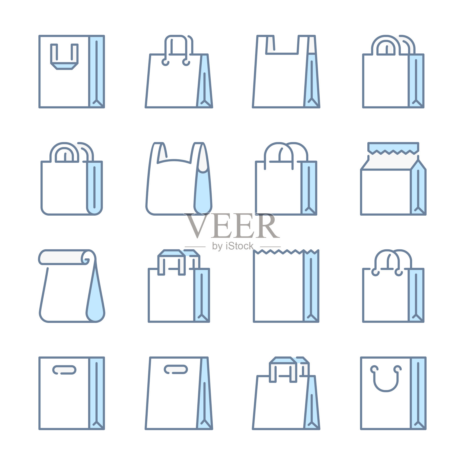 购物袋相关蓝线彩色图标。纸市场袋和杂货袋图标设置。插画图片素材