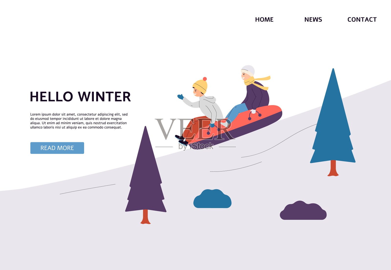 冬季背景的网站与儿童雪橇平面矢量插图。插画图片素材