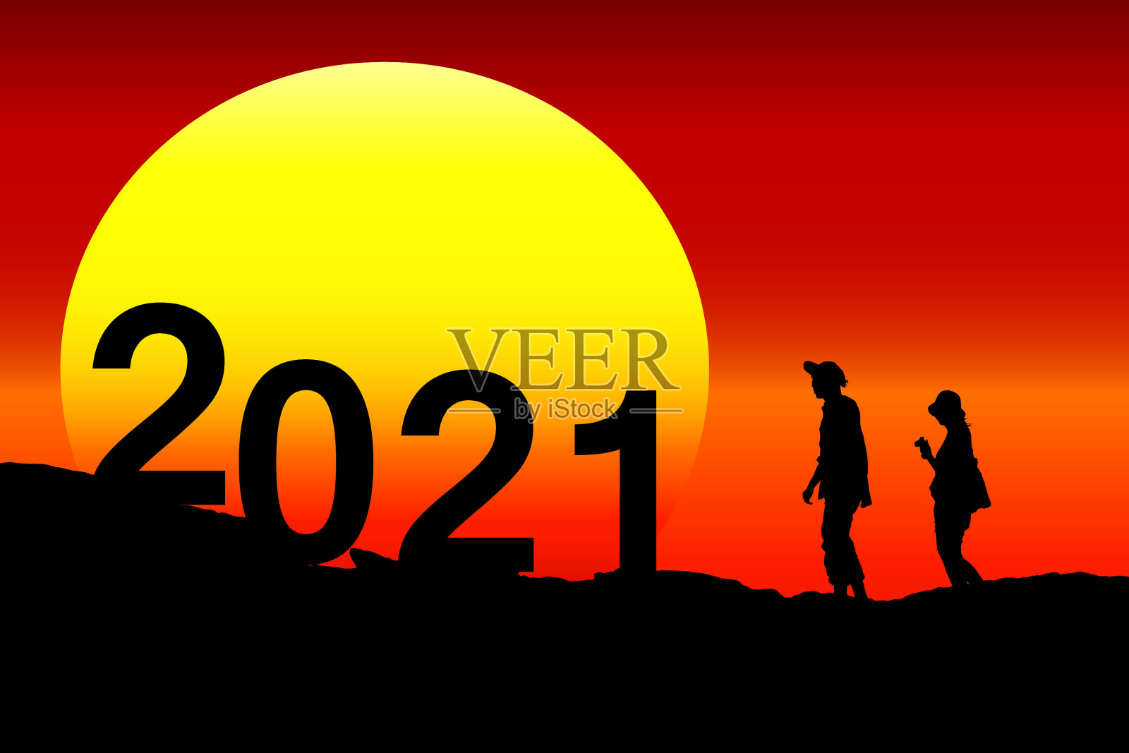 两位年轻的剪影步入2021年插画图片素材
