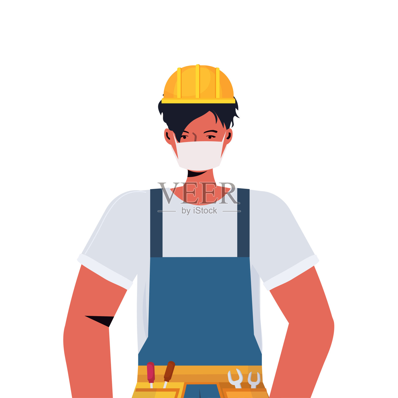 工人穿制服戴口罩预防冠状病毒大流行庆祝劳动节的概念插画图片素材