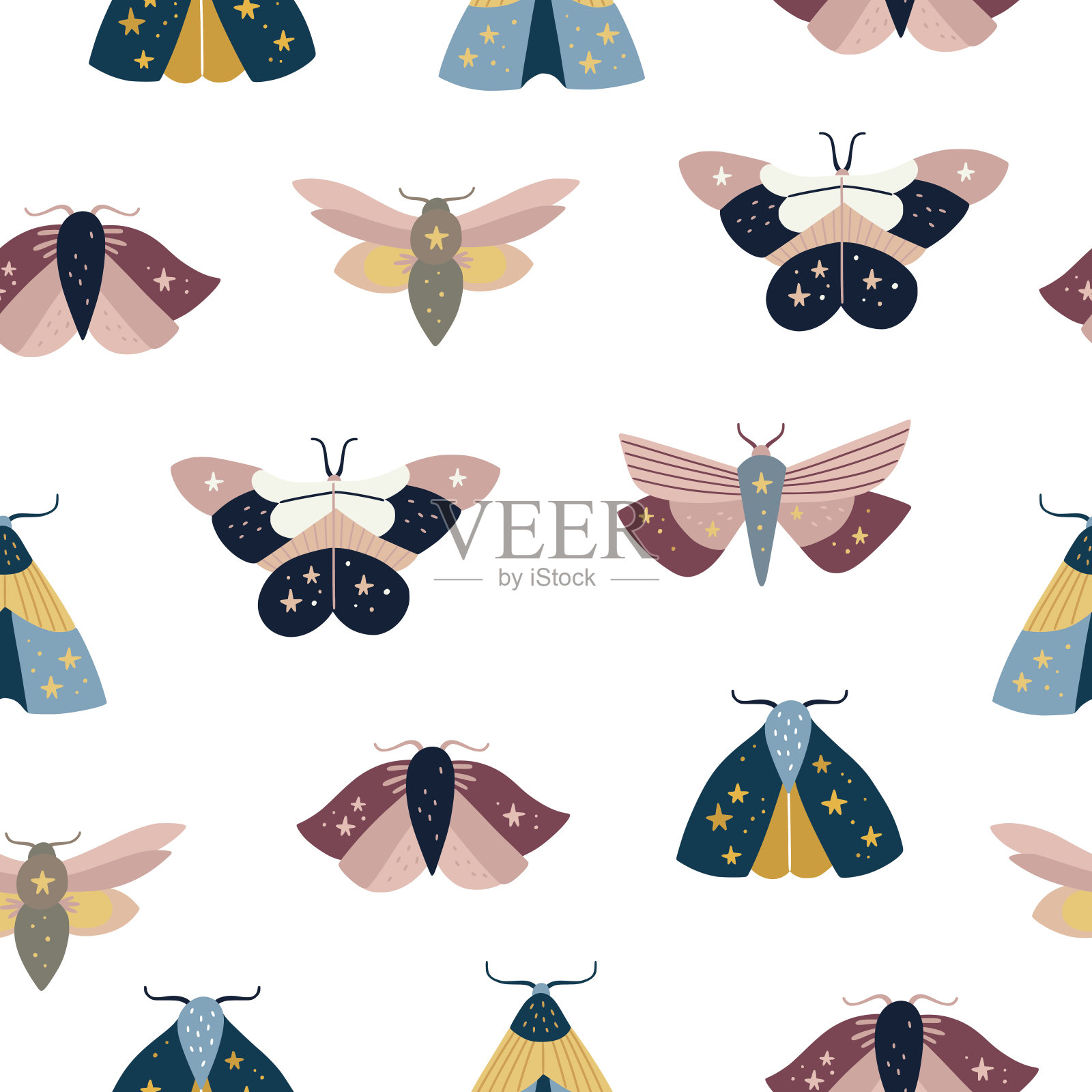 飞蛾和蝴蝶的无缝图案。矢量背景与飞行的昆虫在白色的背景插画图片素材