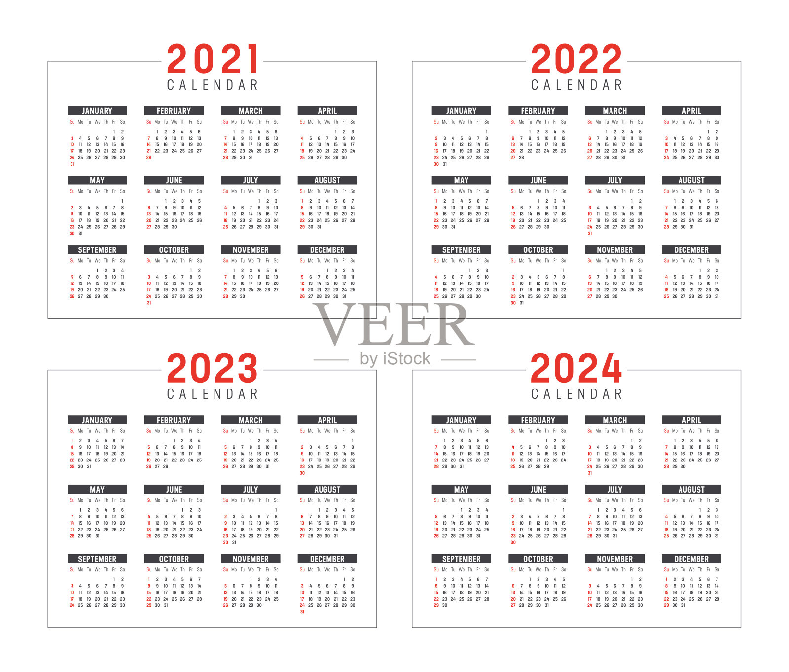 年2021年2022年2023年2024年日历设计模板素材
