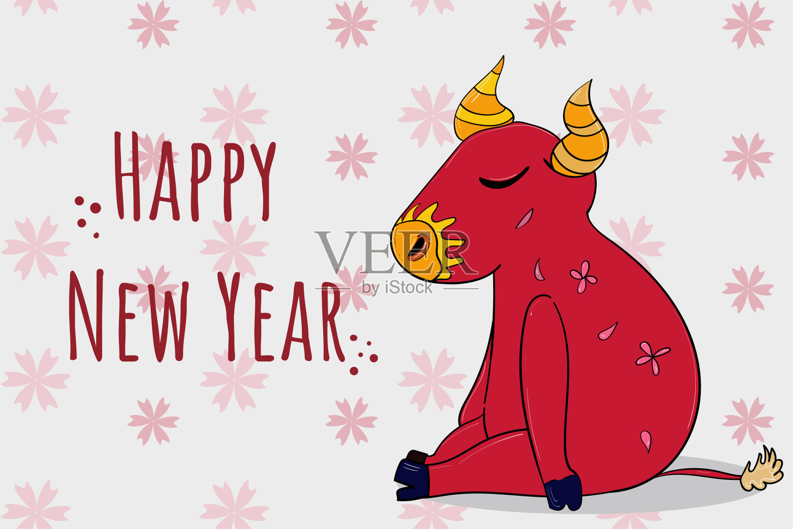 可爱又幸运的牛，中国人新年快乐。手绘矢量插图。设计模板素材