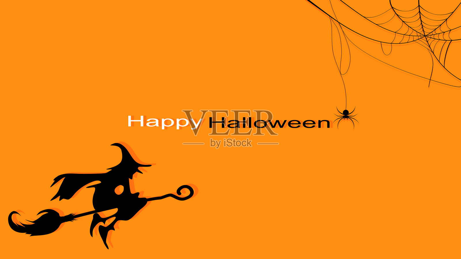 万圣节快乐。蜘蛛和女巫。橙色背景平面设计矢量插画图片素材