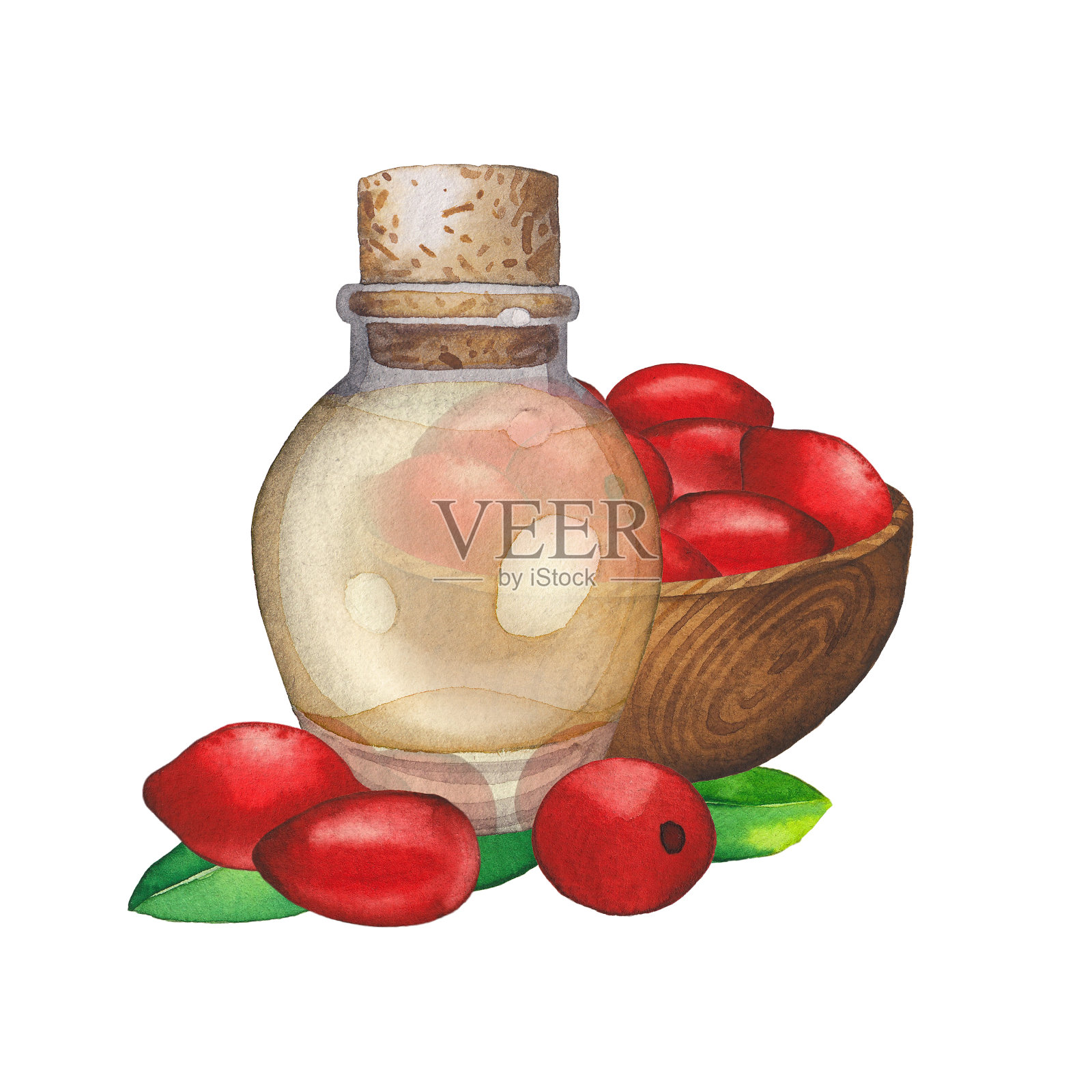 以枸杞果装饰的水彩精油瓶和木碗设计元素图片