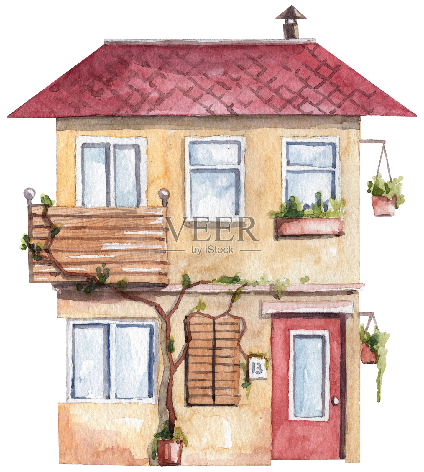 水彩手绘的房子，窗户上有百叶窗，阳台上有花盆设计元素图片