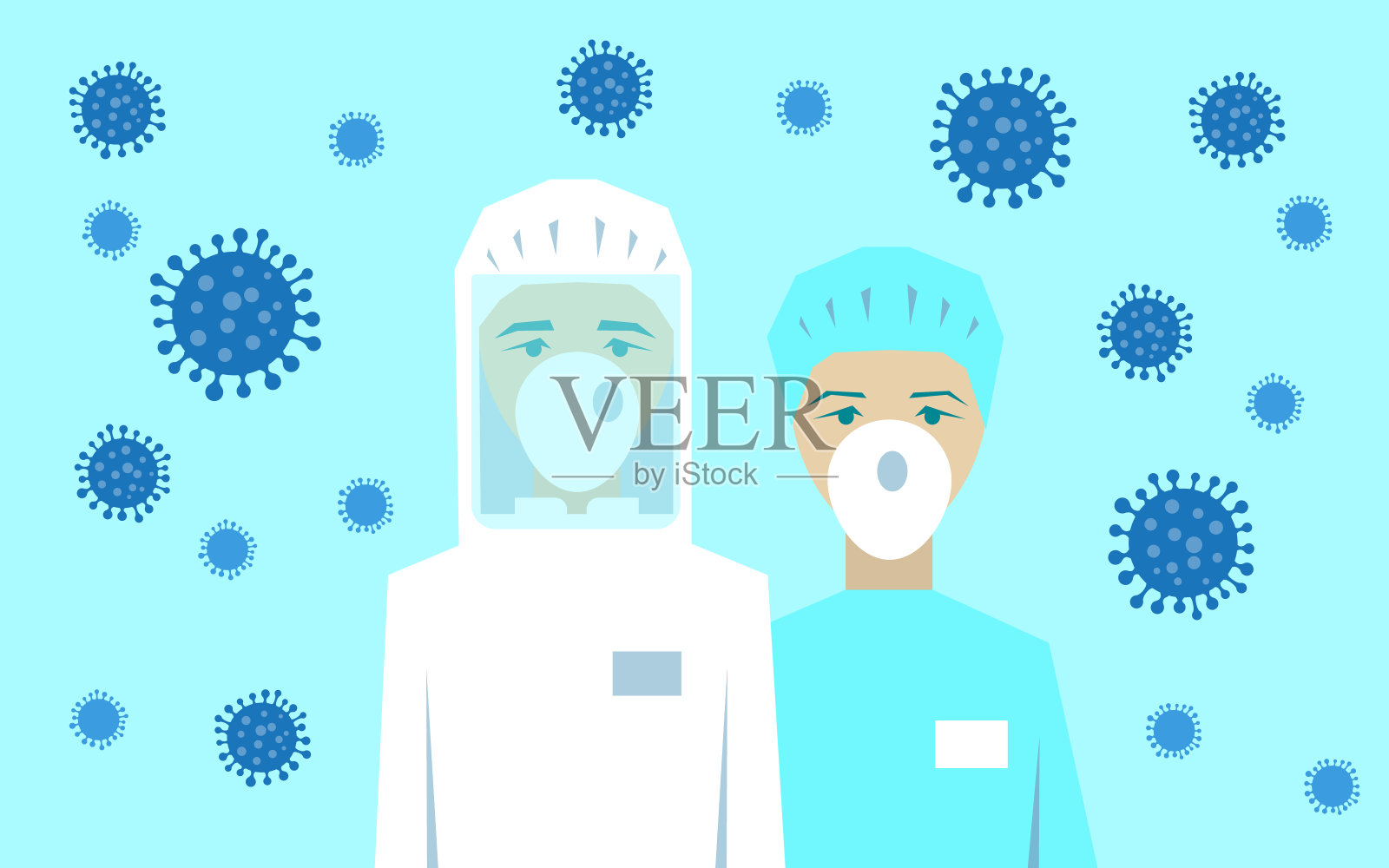 冠状病毒在。新型冠状病毒(2019-nCoV)医生、护士穿着防护服，戴着白色口罩，以病毒为背景。明信片。感谢在医院工作的医生和护士插画图片素材