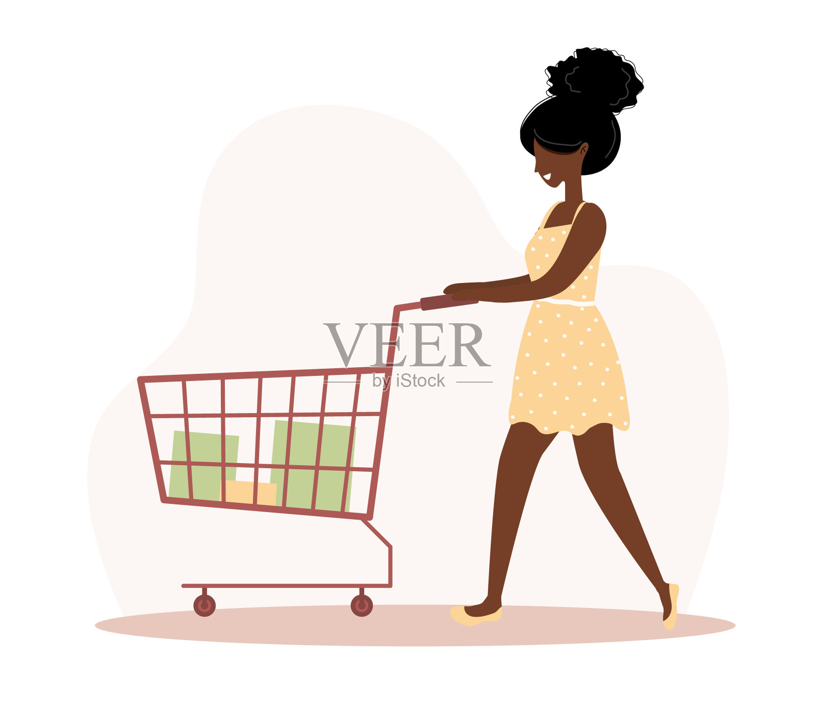 女人购物。快乐的非洲女孩拿着手推车和袋子。矢量卡通插图孤立的白色背景。促销和销售模板。设计元素图片