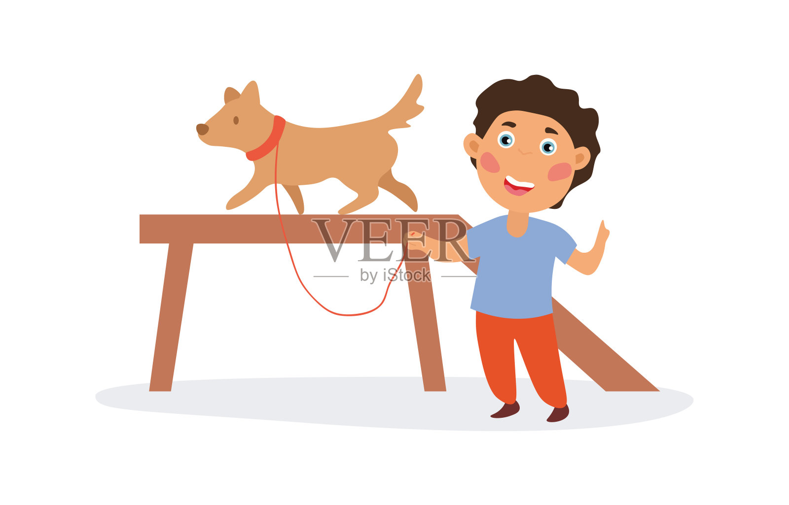 快乐的男孩在训练他的狗。插画图片素材