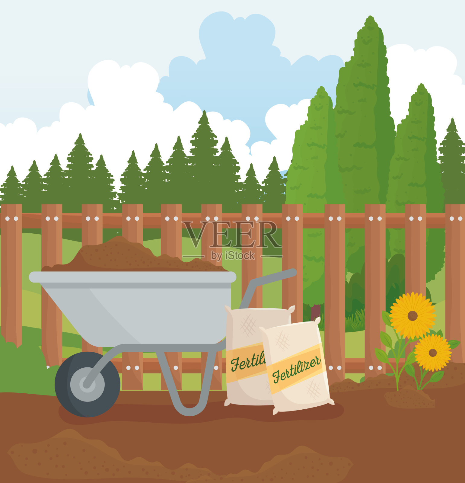 园艺手推车肥料袋和花卉矢量设计插画图片素材