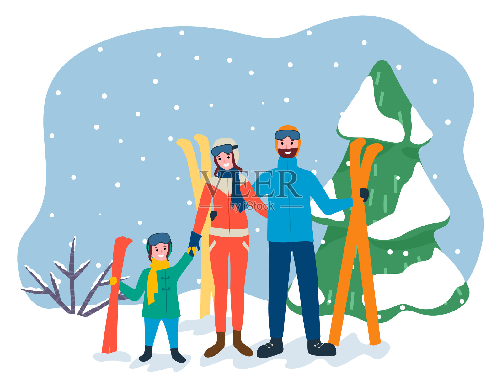 滑雪胜地的家庭，冬季假期向量插画图片素材