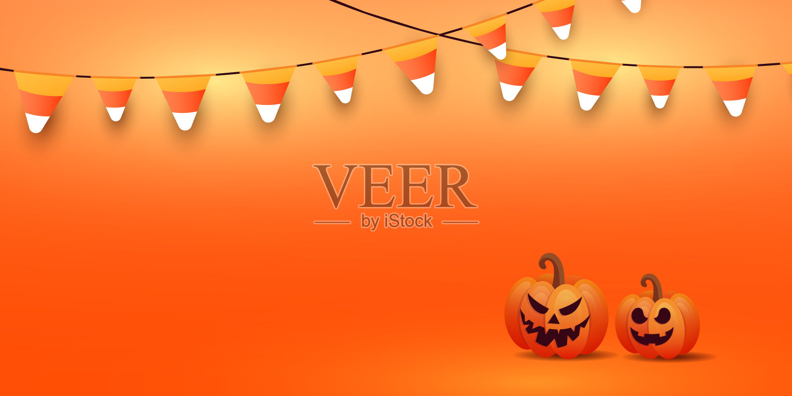 Happy Halloween banner or party invitation background with stylish pumpkin faces, glowing candy garlands on orange gradient background. Vector illustration, place for text背景图片素材