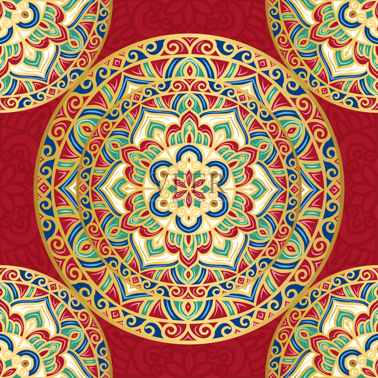 红色和金色印度无缝图案与豪华曼荼罗装饰。传统的阿拉伯，土耳其图案。非常适合织物和纺织品，墙纸，包装或任何理想的想法。插画图片素材