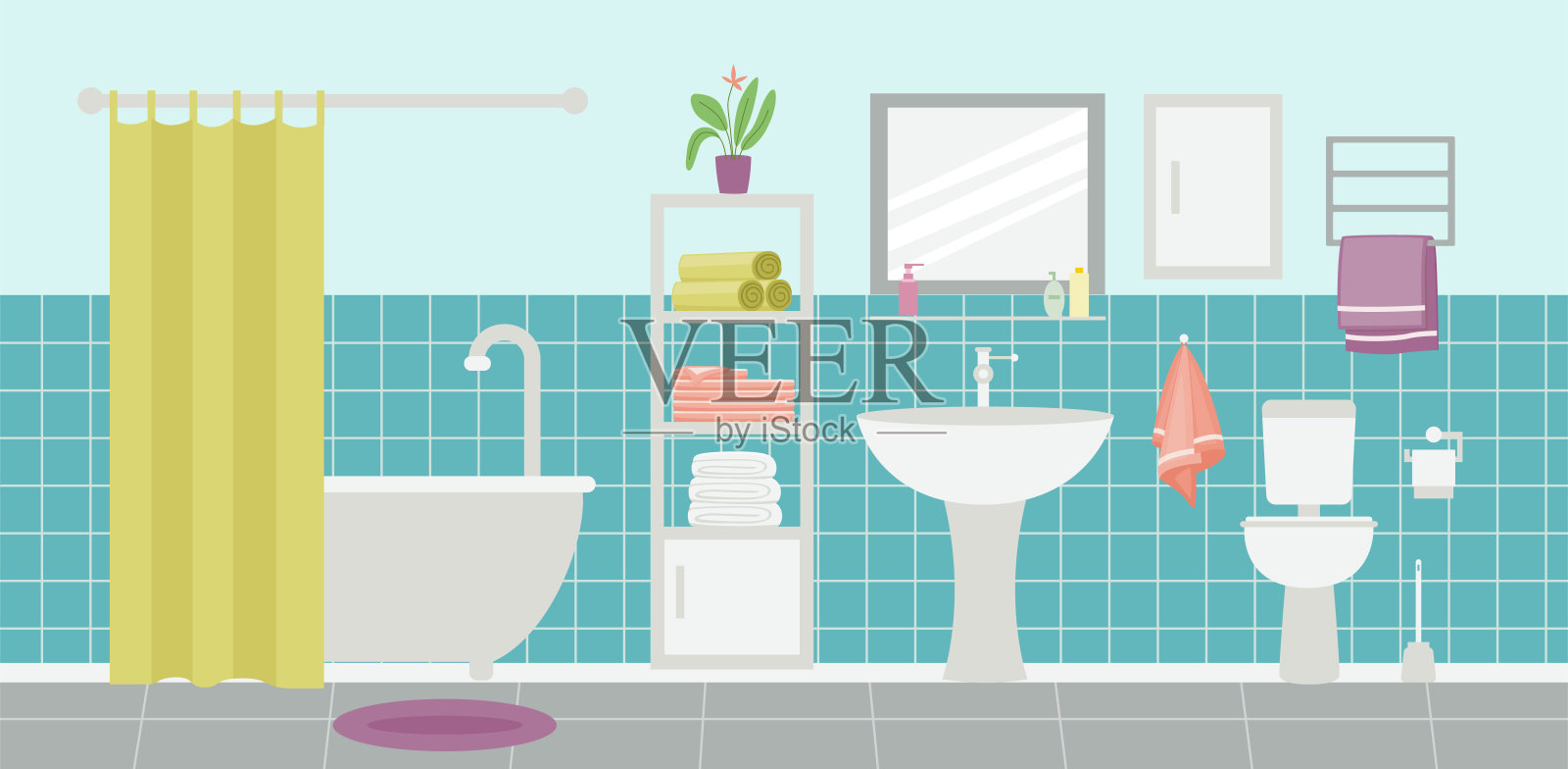 洁净优雅的浴室或卫生间室内平面卡通矢量插图。插画图片素材